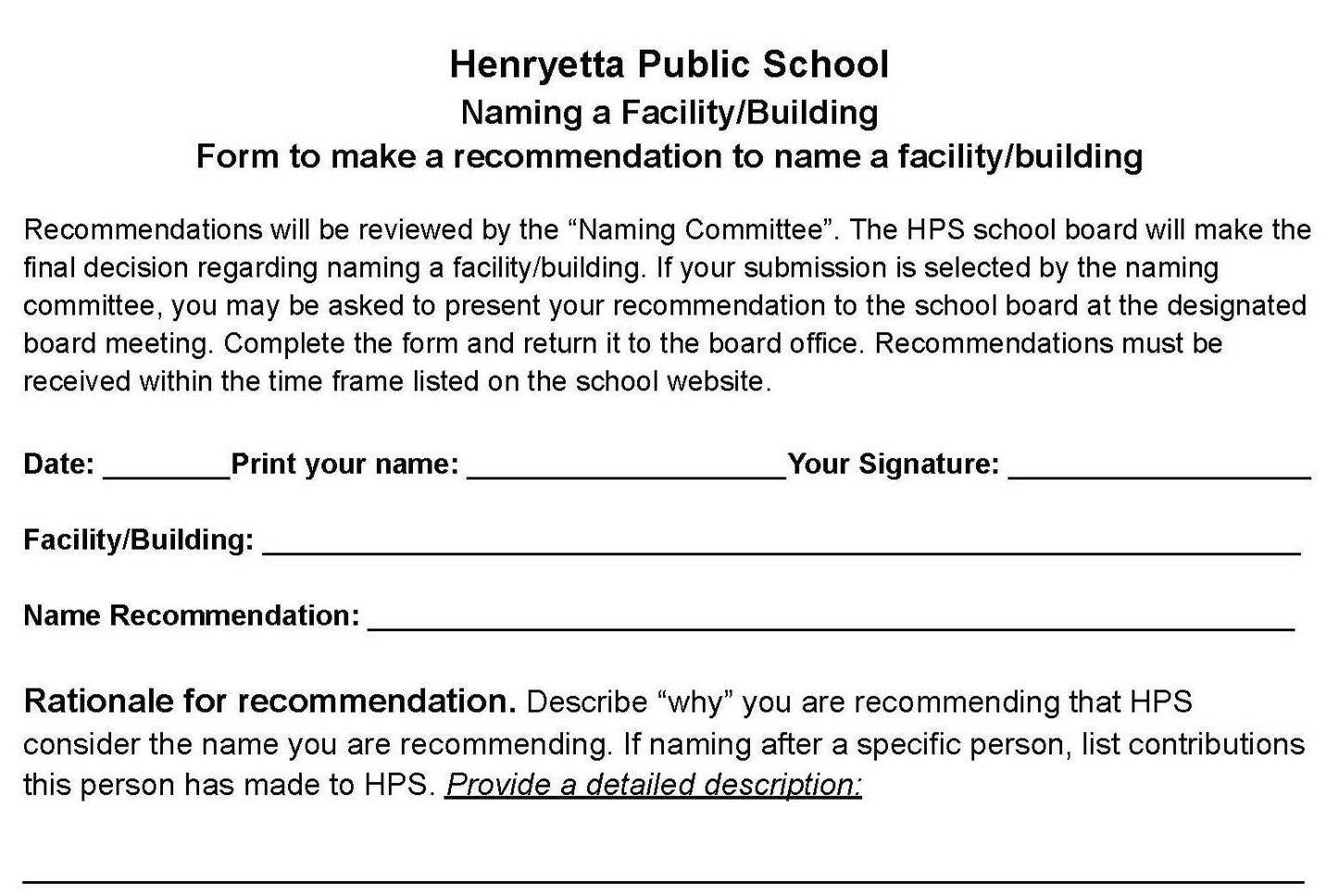 HPS seeks submissions for naming district facilities
